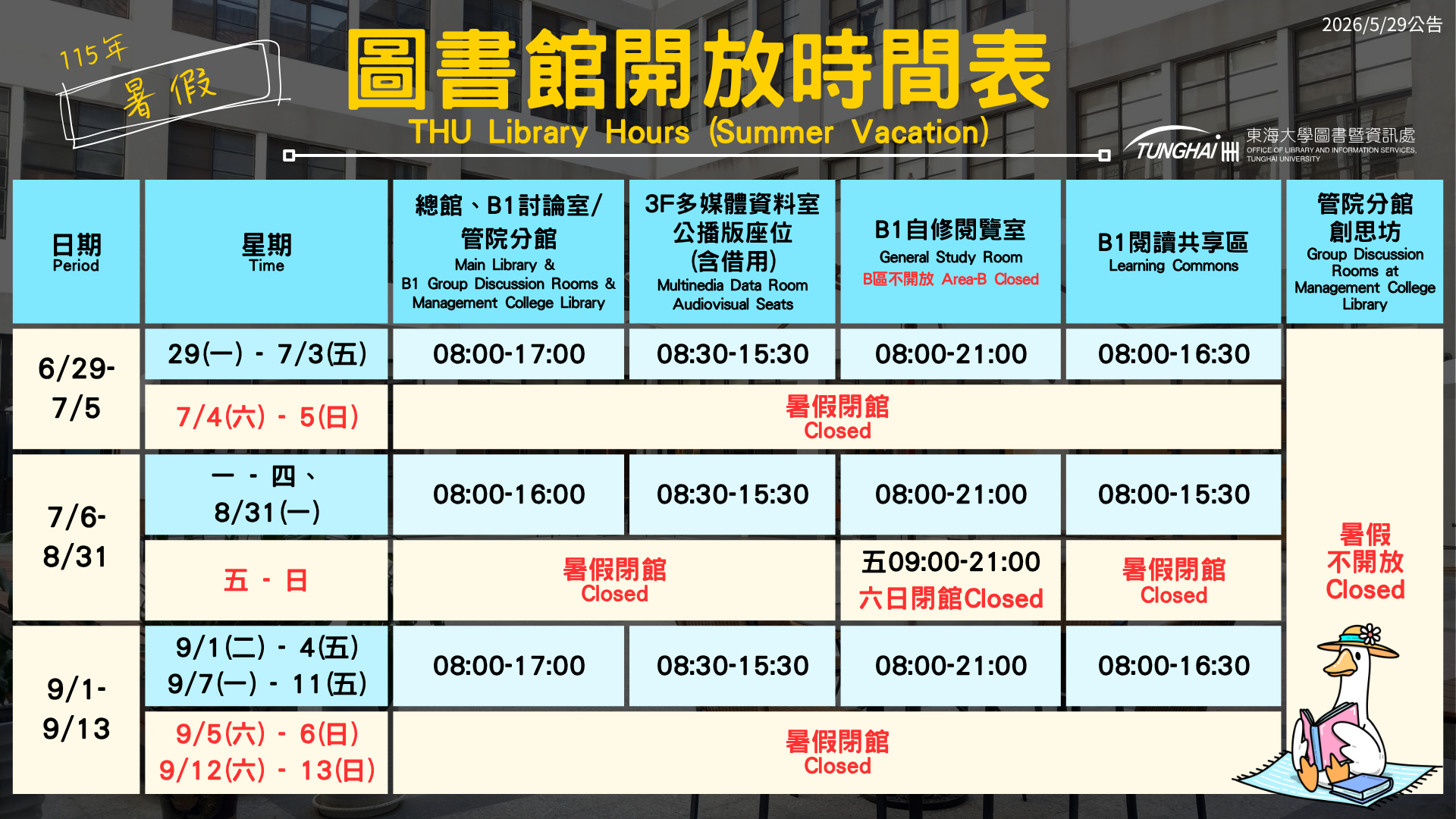 115年暑假圖書總館暨管院分館服務時間表(The Library hours in summer vacation)
